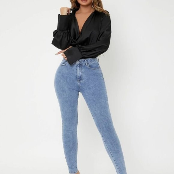 Draped Cowl Neck Long Lantern Bishop Sleeve Blouse - Satin black - Picture 3 of 6